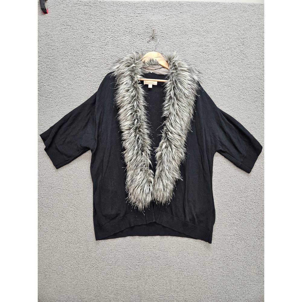 Michael Kors Cardigan XL Black Faux Fur Trim Open Front Glam Mob Wife Chic